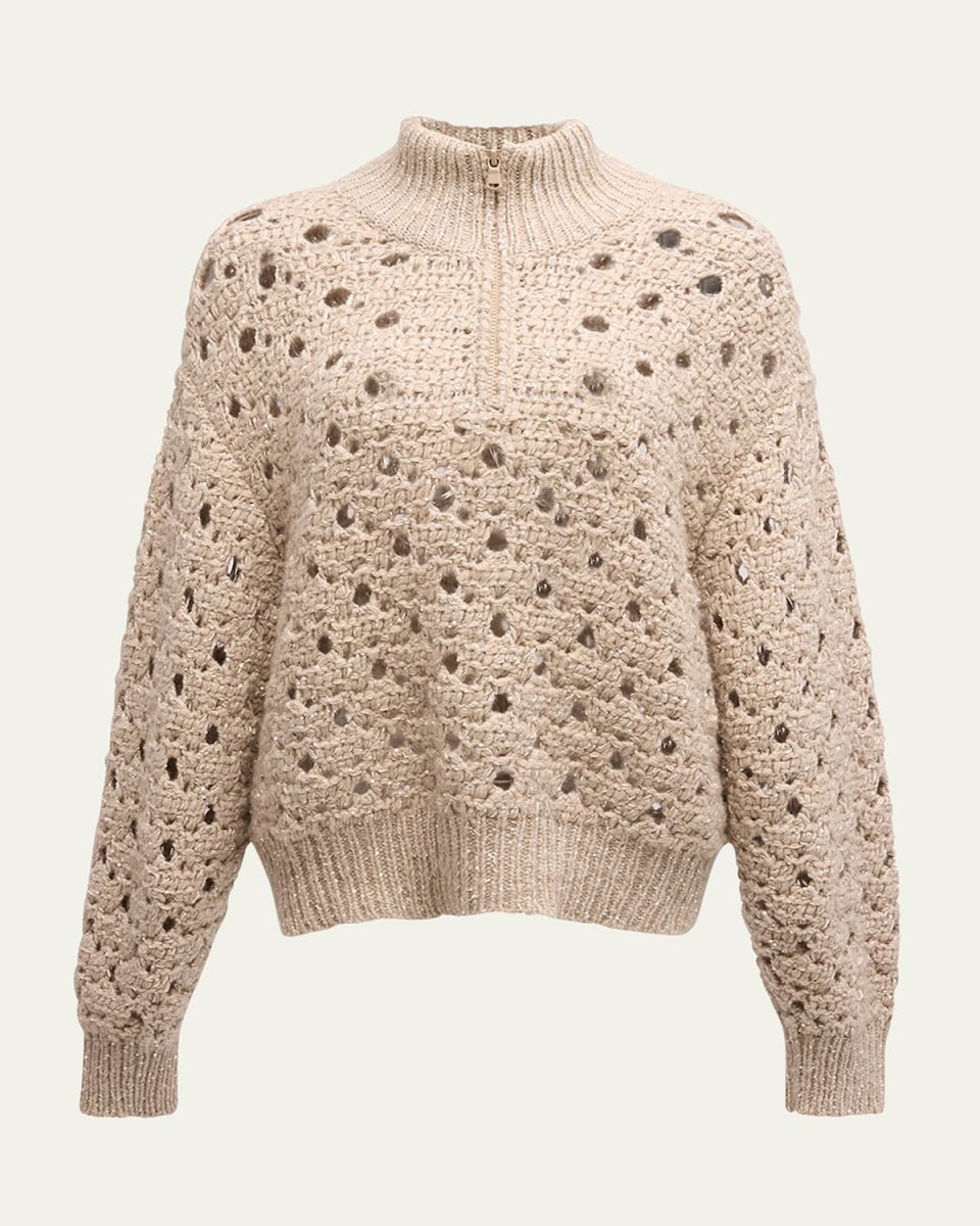 Paillette Round Open-Weave Cashmere Quarter-Zip Sweat
